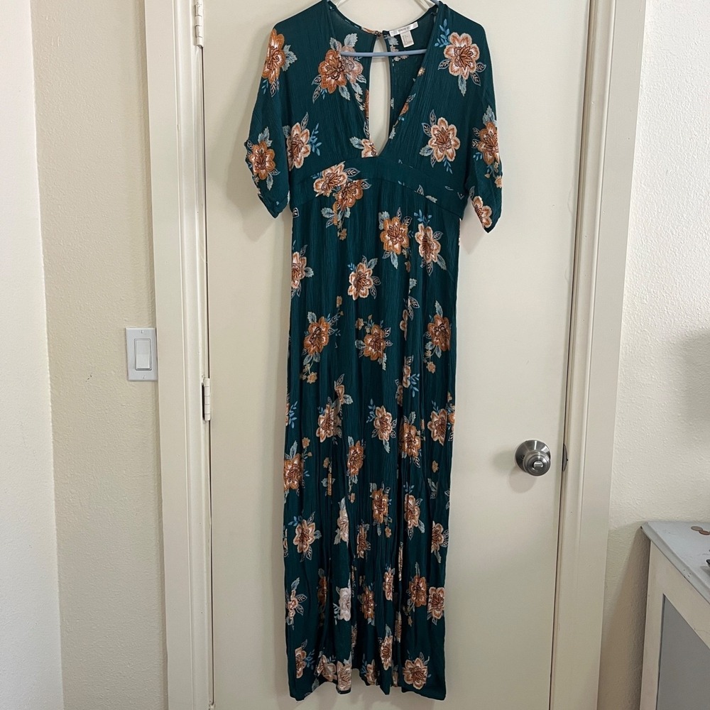 Forever 21 Floral‎ Babydoll Maxi Dress L Teal Fairy Boho Romantic Cottage Cutout